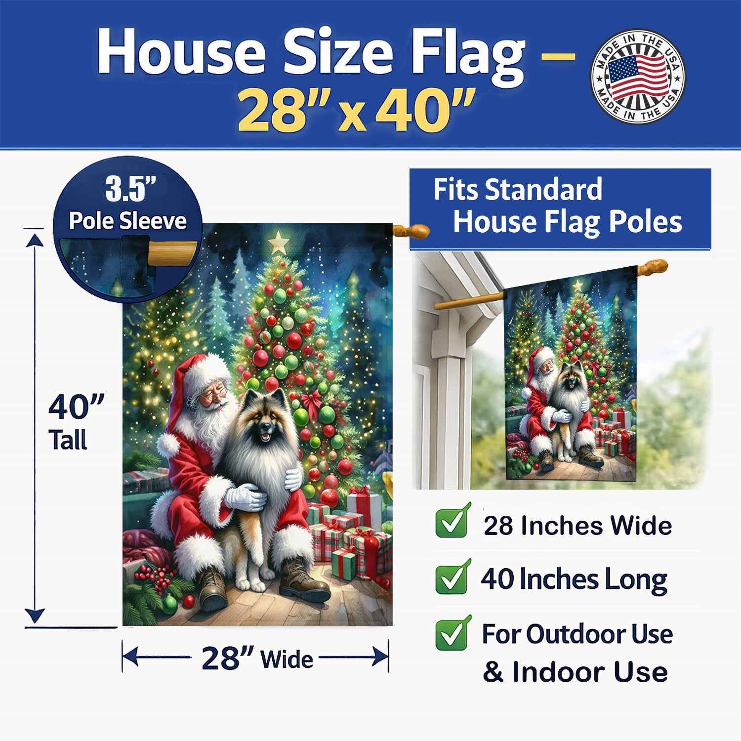 Keeshond and Santa Claus House Flag 28x40 Porch Sleeve Pole Decorative Outside Yard Banner Artwork Wall Hanging, Polyester