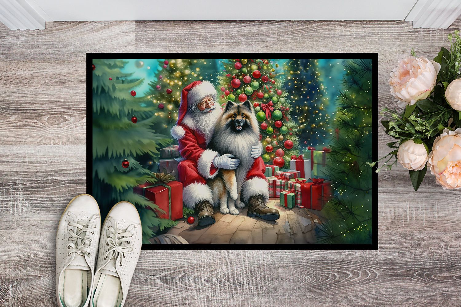 Keeshond and Santa Claus Doormat Indoor Outdoor 24H X 36W Front Door Mat Rugs for Entryway, Non Slip Washable Low Pile,