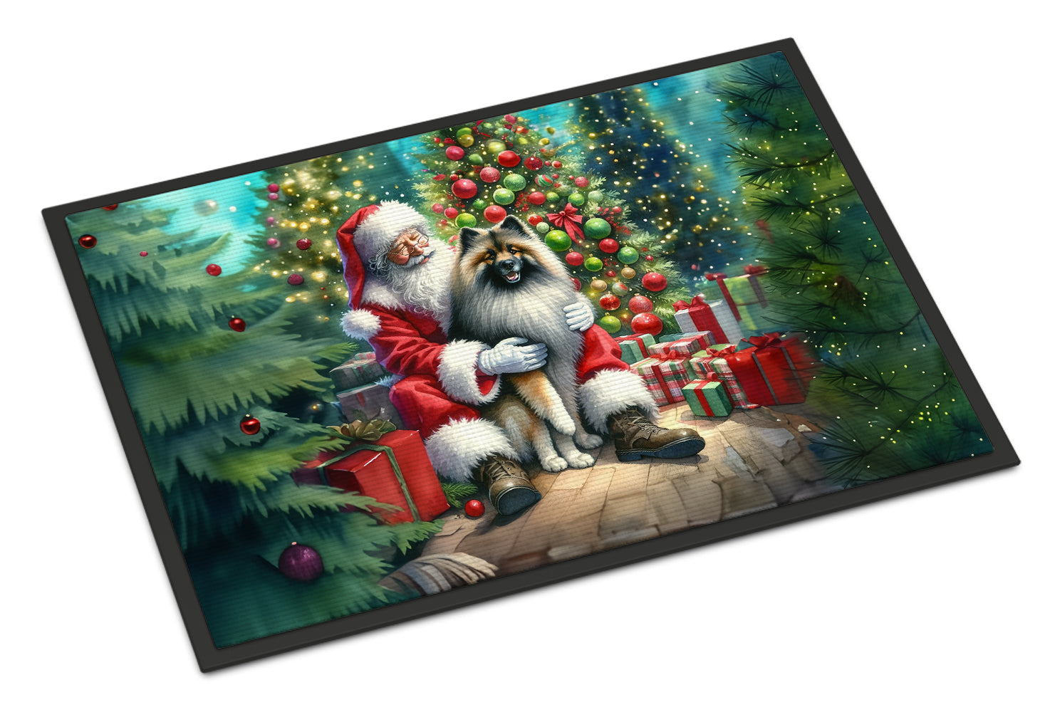 Keeshond and Santa Claus Doormat Indoor Outdoor 18H X 27W Front Door Mat Rugs for Entryway, Non Slip Washable