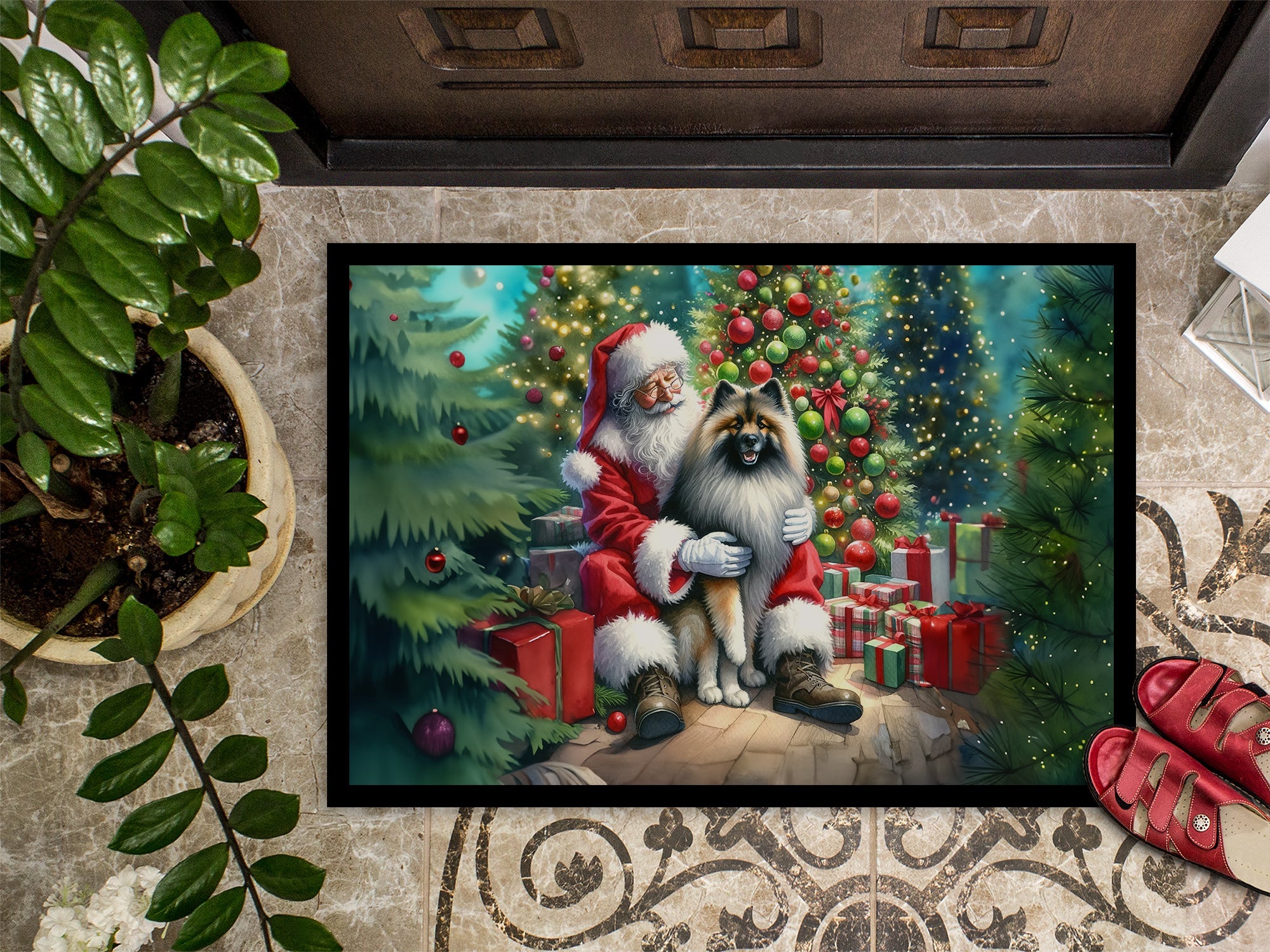 Keeshond and Santa Claus Doormat Indoor Outdoor 18H X 27W Front Door Mat Rugs for Entryway, Non Slip Washable