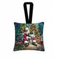 Keeshond and Santa Claus Hanging Square Fabric Ornament 3.5 × 3.5 Decorative Door-Knob & Tree Hanger, Soft Fabric