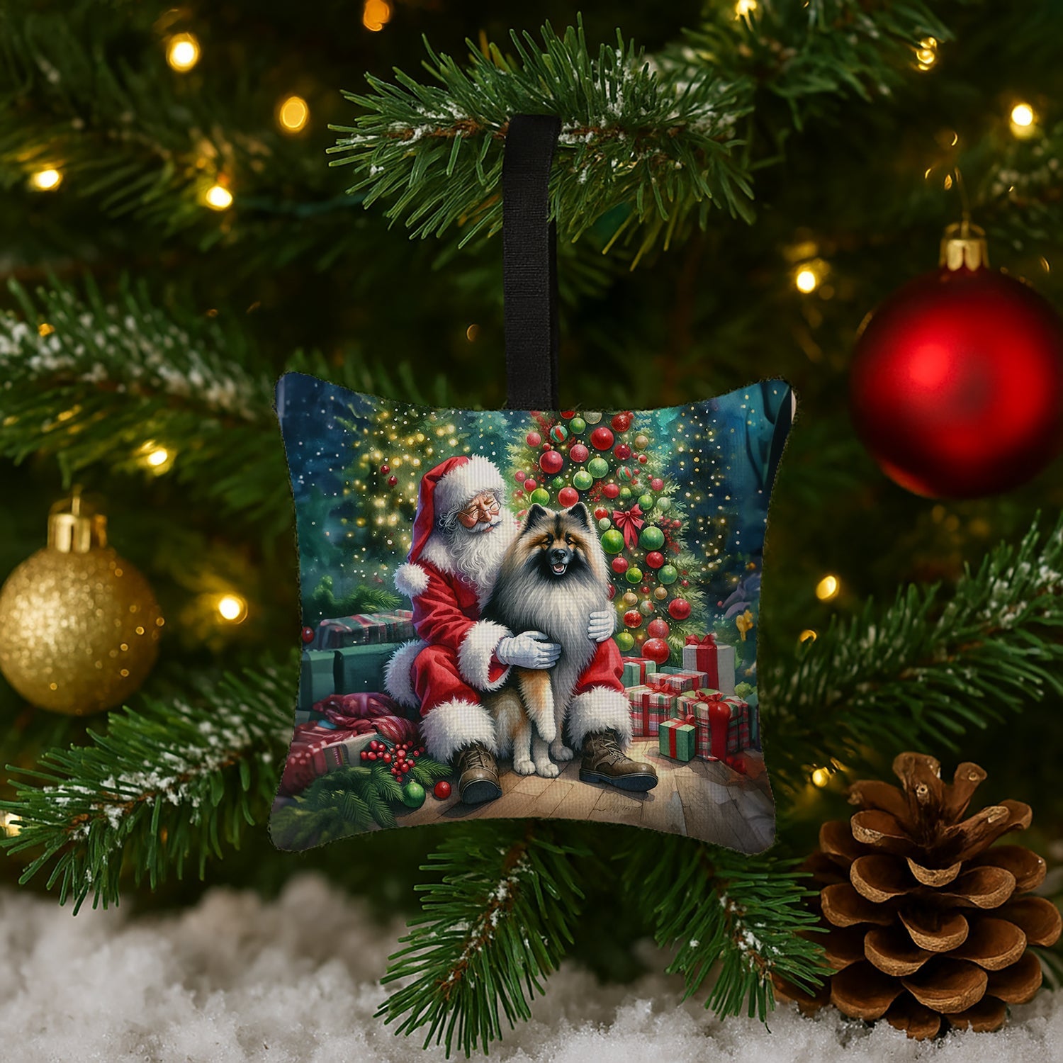 Keeshond and Santa Claus Hanging Square Fabric Ornament 3.5 × 3.5 Decorative Door-Knob & Tree Hanger, Soft Fabric