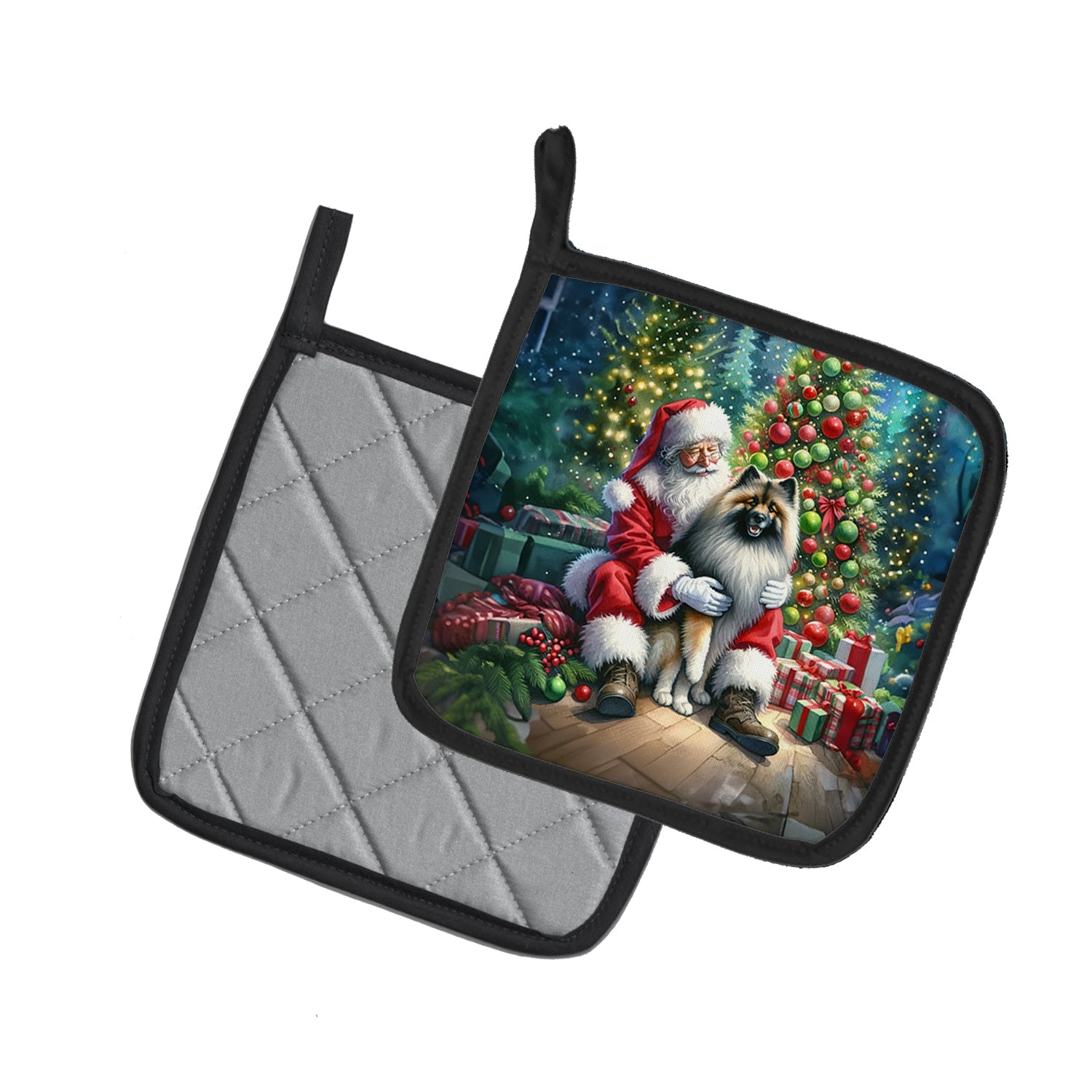Keeshond and Santa Claus Pot Holder Set of 2 Heat Resistant Quilted Hot Pads 7.5 x 7.5 Inch, Insulated Kitchen Trivets for Cooking & Baking