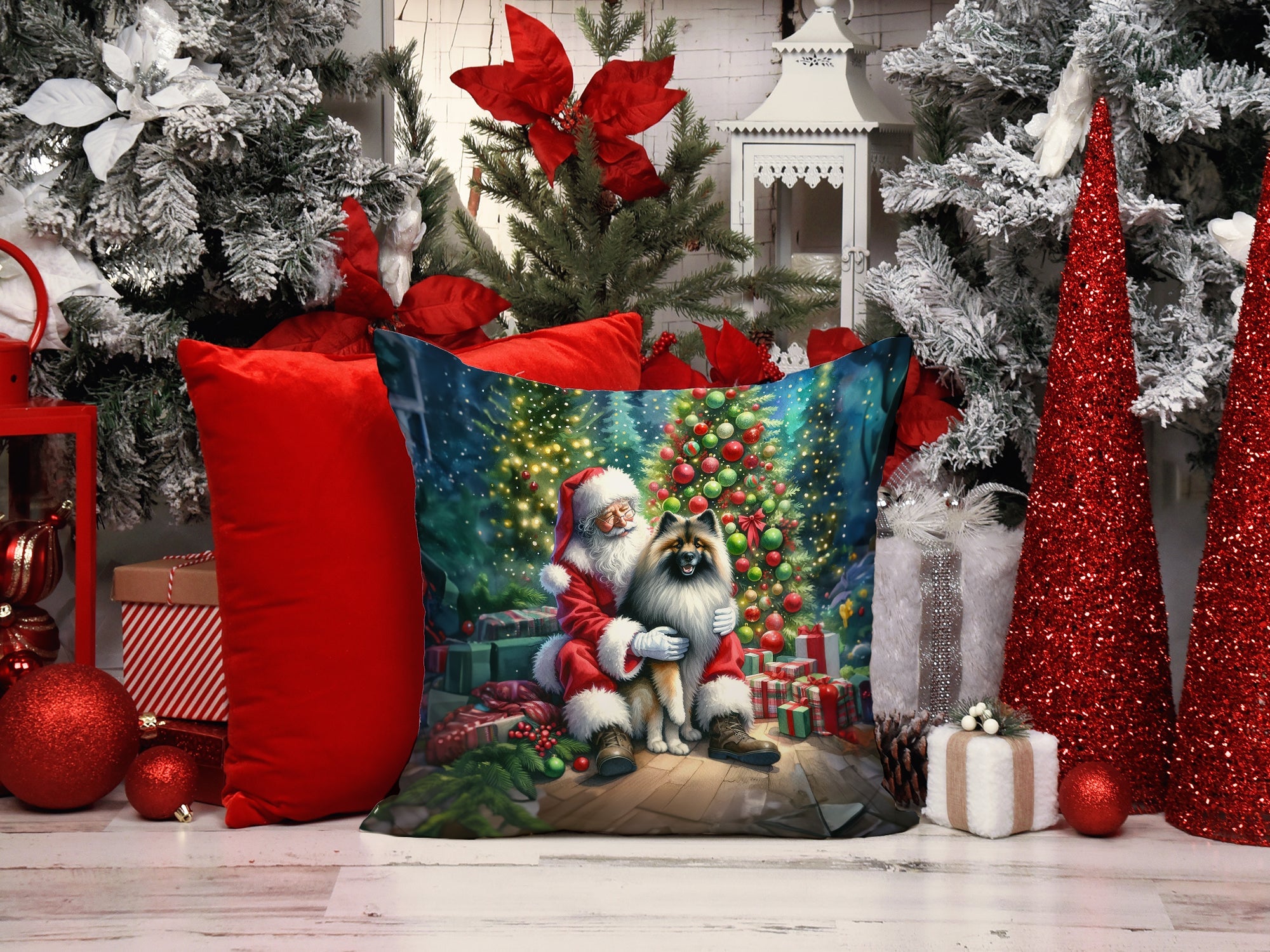 Keeshond and Santa Claus Decorative Throw Pillow 14x14 Indoor Outdoor Accent Cushion, Fabric Cover with Insert for Sofa, Bed, Porch & Living Room