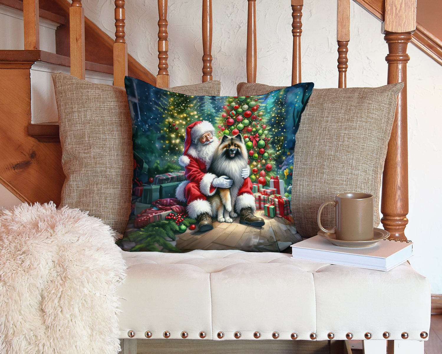 Keeshond and Santa Claus Decorative Throw Pillow 14x14 Indoor Outdoor Accent Cushion, Fabric Cover with Insert for Sofa, Bed, Porch & Living Room