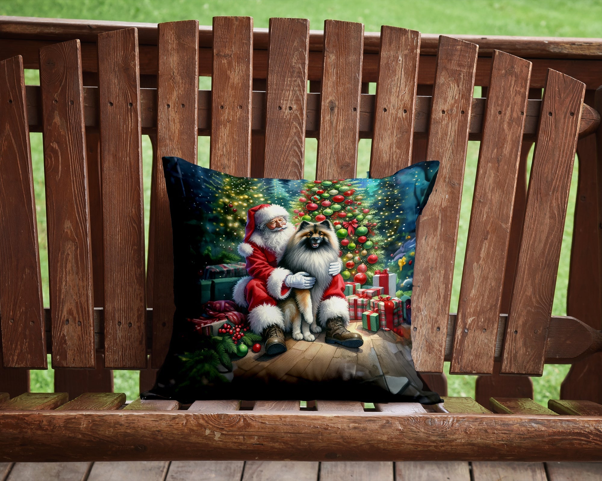 Keeshond and Santa Claus Decorative Throw Pillow 14x14 Indoor Outdoor Accent Cushion, Fabric Cover with Insert for Sofa, Bed, Porch & Living Room