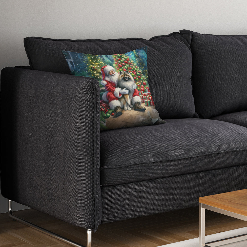 Keeshond and Santa Claus Decorative Throw Pillow 14x14 Indoor Outdoor Accent Cushion, Fabric Cover with Insert for Sofa, Bed, Porch & Living Room