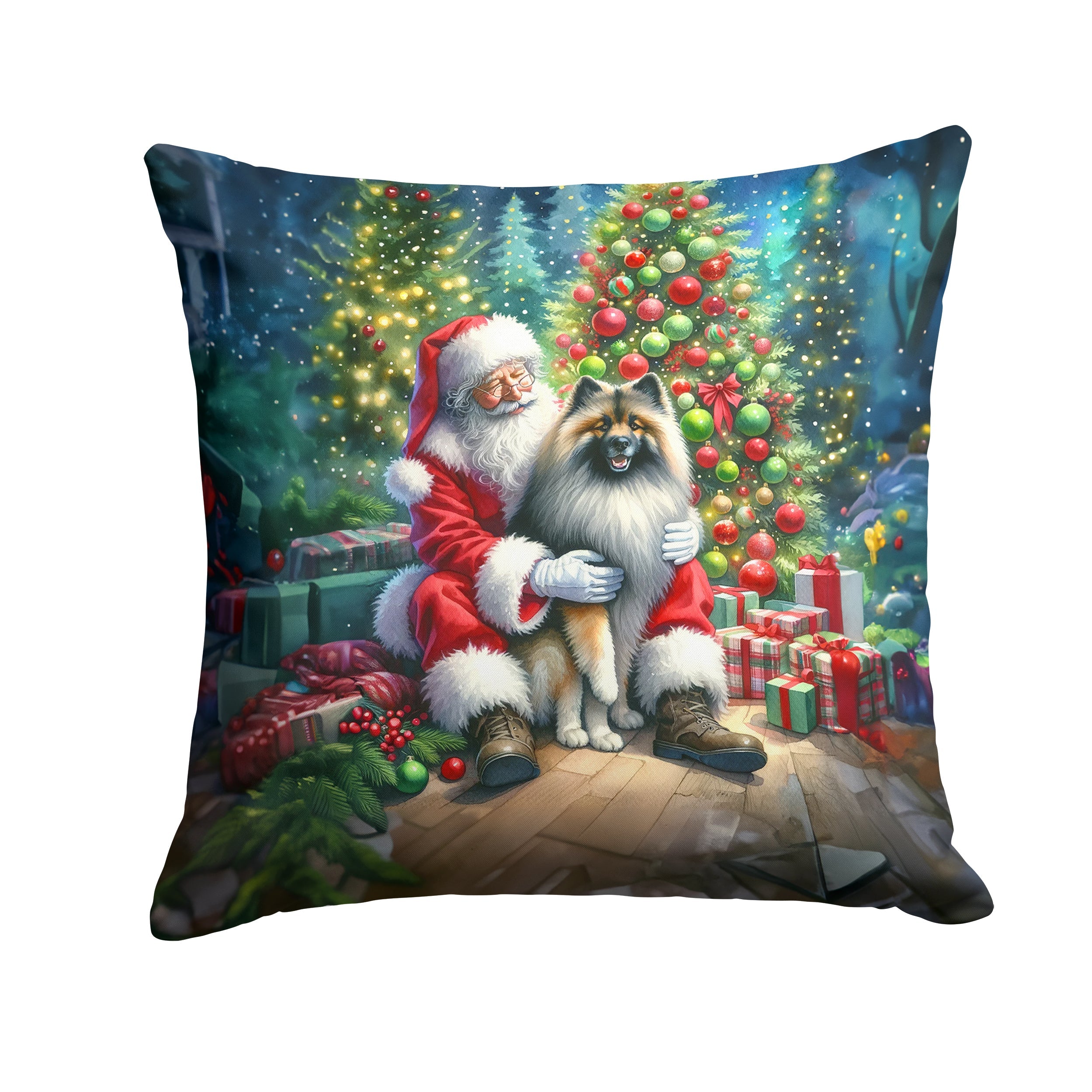 Keeshond and Santa Claus Decorative Throw Pillow 18x18 Indoor Outdoor Accent Cushion, Fabric Cover with Insert for Sofa, Bed, Porch & Living Room