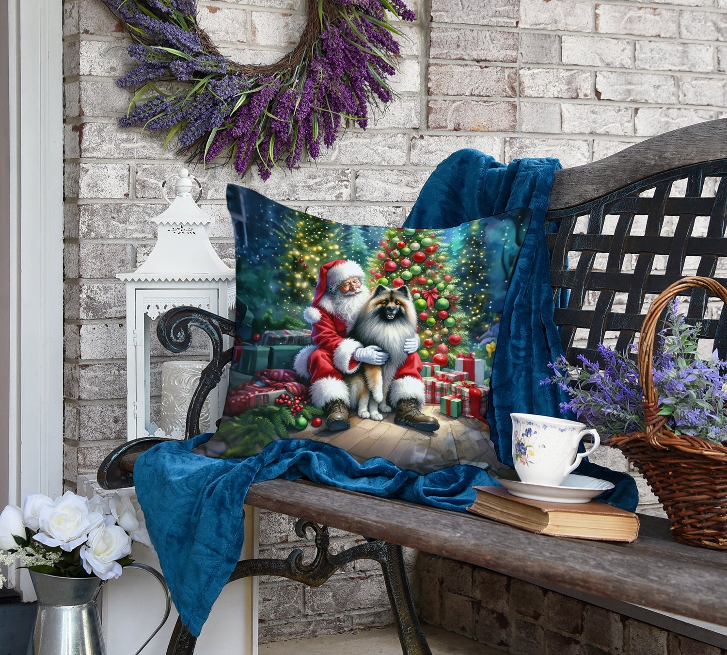 Keeshond and Santa Claus Decorative Throw Pillow 18x18 Indoor Outdoor Accent Cushion, Fabric Cover with Insert for Sofa, Bed, Porch & Living Room
