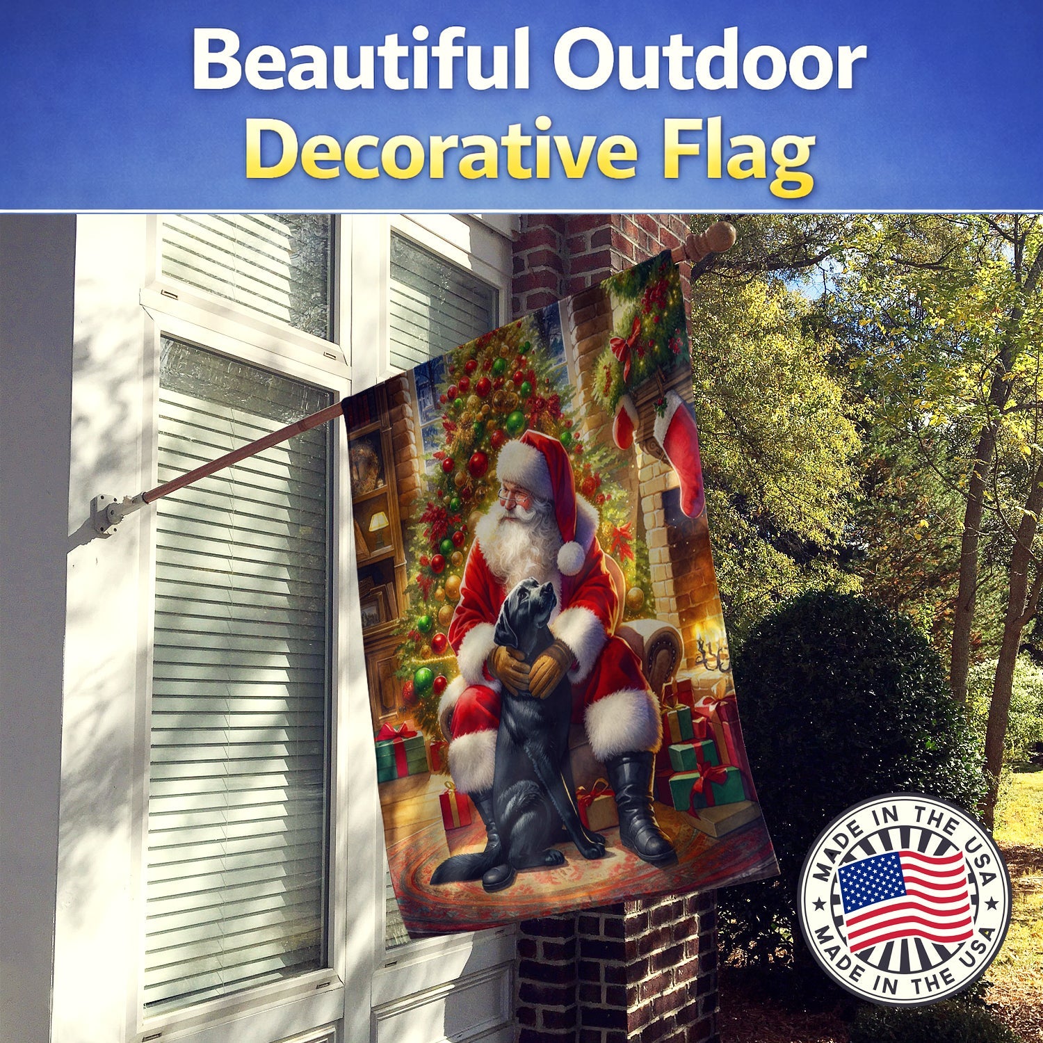Labrador Retriever and Santa Claus House Flag 28x40 Porch Sleeve Pole Decorative Outside Yard Banner Artwork Wall Hanging, Polyester
