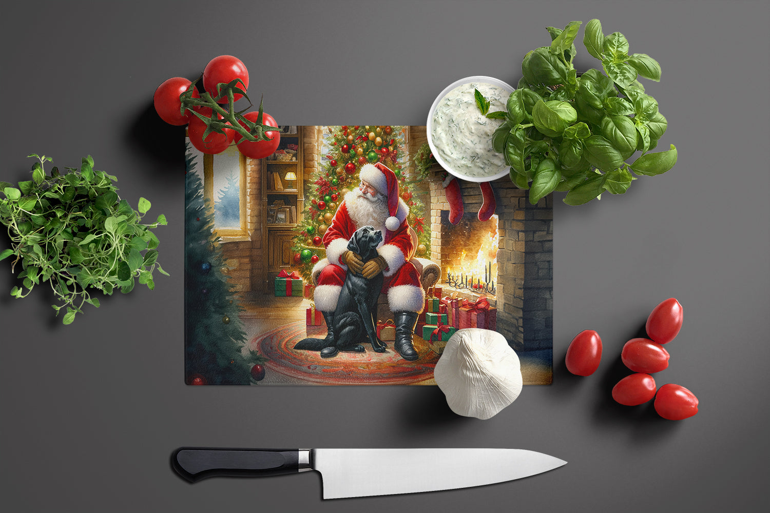 Labrador Retriever and Santa Claus Cutting Board Tempered Glass Kitchen Cutting Surface, Heat Resistant Chopping, Non-Slip Feet, Food Prep & Serving