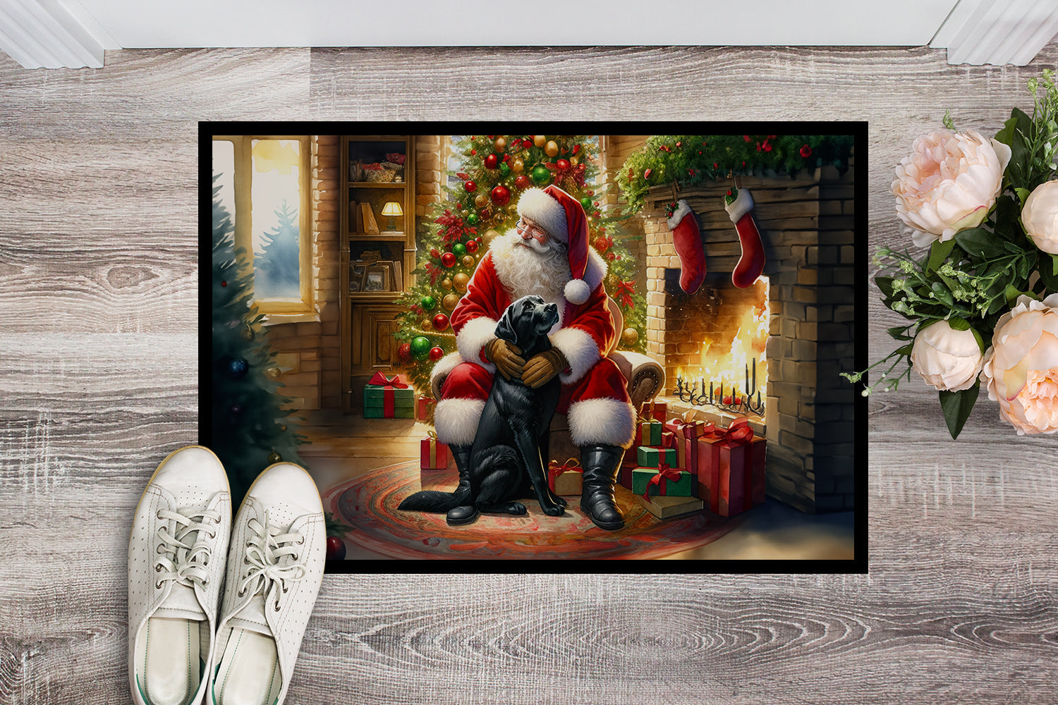 Labrador Retriever and Santa Claus Doormat Indoor Outdoor 18H X 27W Front Door Mat Rugs for Entryway, Non Slip Washable
