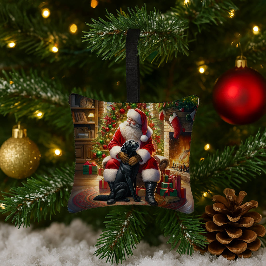 Labrador Retriever and Santa Claus Hanging Square Fabric Ornament 3.5 × 3.5 Decorative Door-Knob & Tree Hanger, Soft Fabric