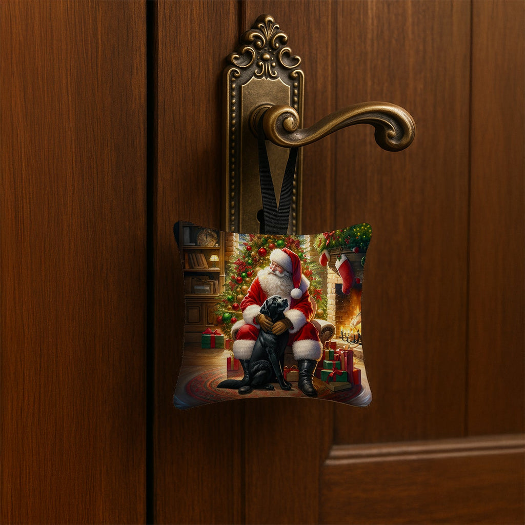 Labrador Retriever and Santa Claus Hanging Square Fabric Ornament 3.5 × 3.5 Decorative Door-Knob & Tree Hanger, Soft Fabric