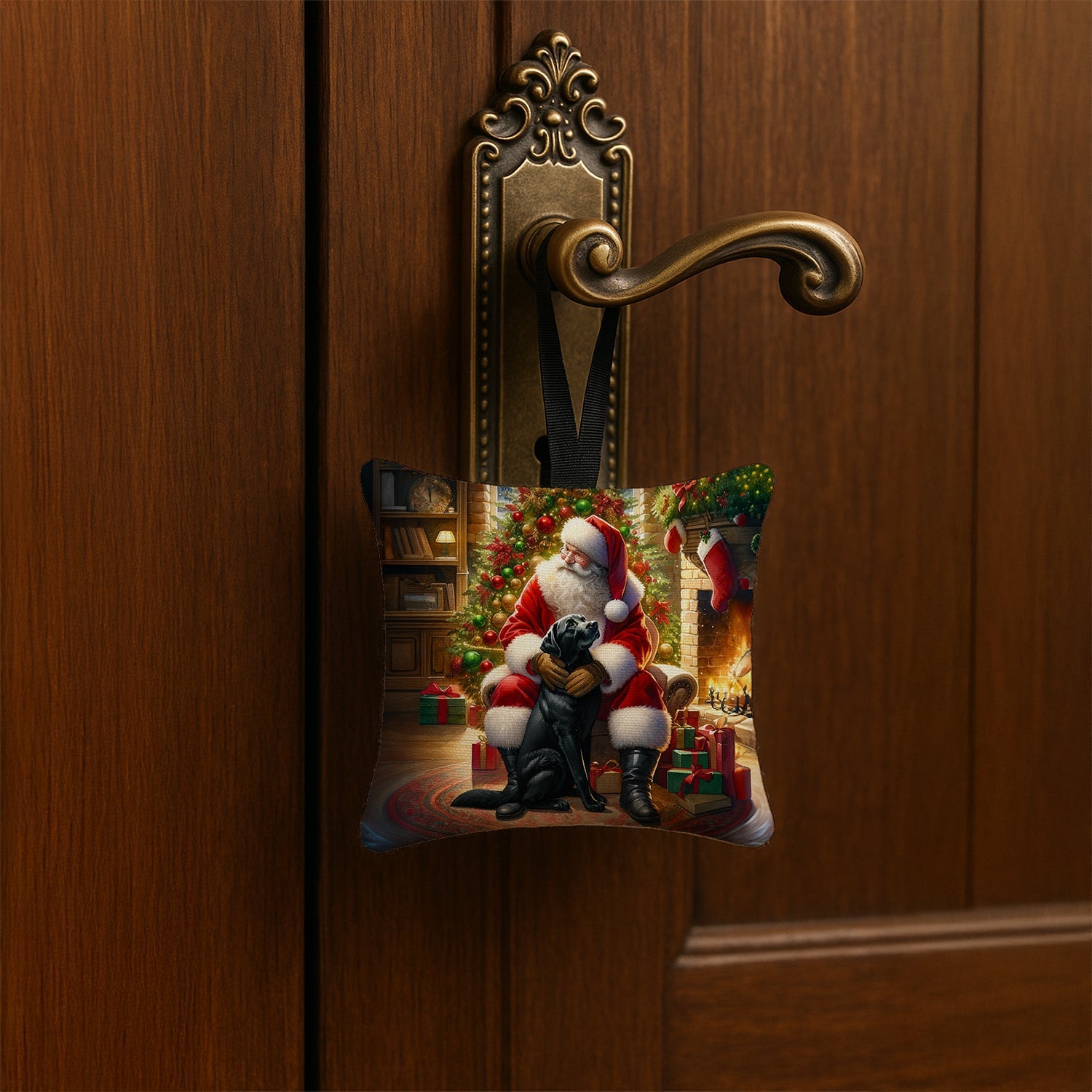Labrador Retriever and Santa Claus Hanging Square Fabric Ornament 3.5 × 3.5 Decorative Door-Knob & Tree Hanger, Soft Fabric