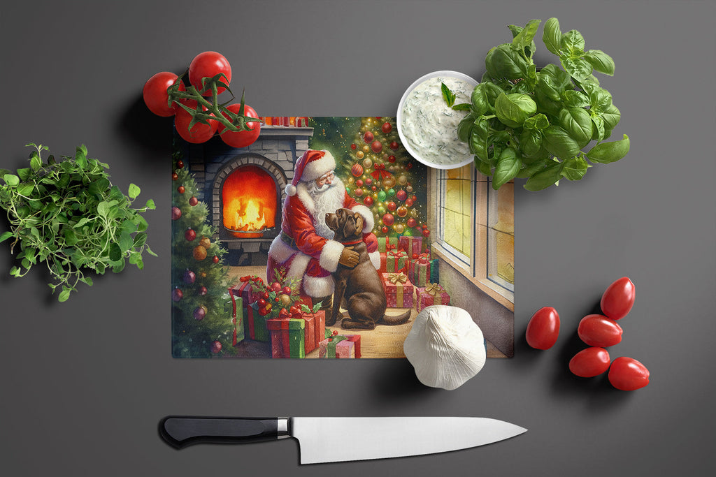 Labrador Retriever and Santa Claus Cutting Board Tempered Glass Kitchen Cutting Surface, Heat Resistant Chopping, Non-Slip Feet, Food Prep & Serving