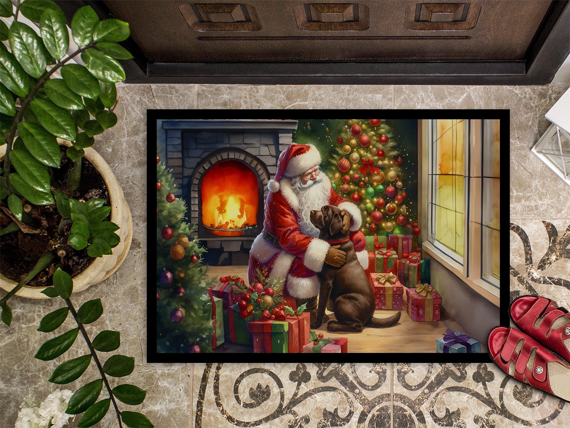 Labrador Retriever and Santa Claus Doormat Indoor Outdoor 18H X 27W Front Door Mat Rugs for Entryway, Non Slip Washable