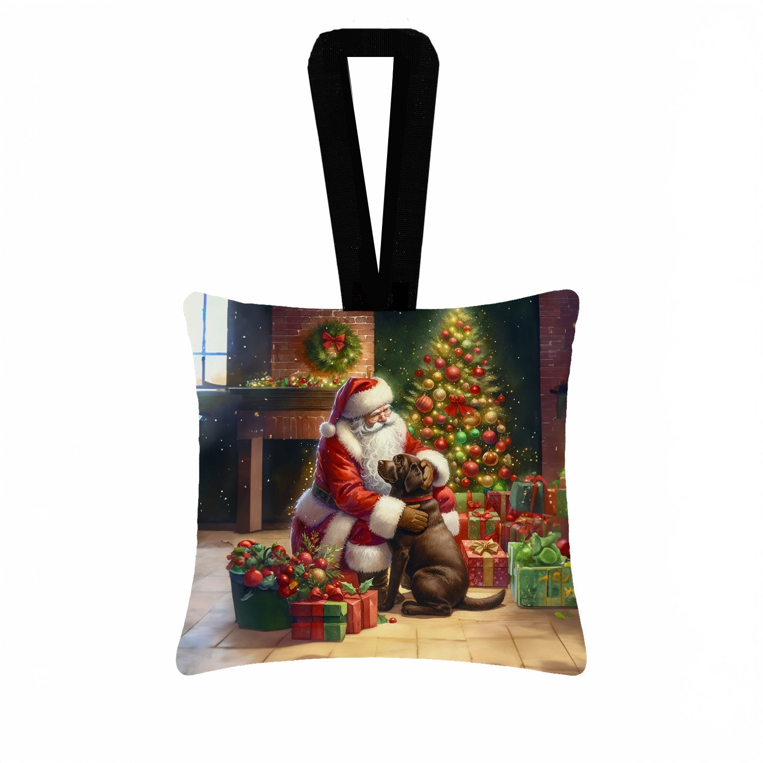 Labrador Retriever and Santa Claus Hanging Square Fabric Ornament 3.5 × 3.5 Decorative Door-Knob & Tree Hanger, Soft Fabric