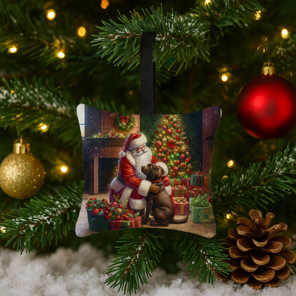 Labrador Retriever and Santa Claus Hanging Square Fabric Ornament 3.5 × 3.5 Decorative Door-Knob & Tree Hanger, Soft Fabric