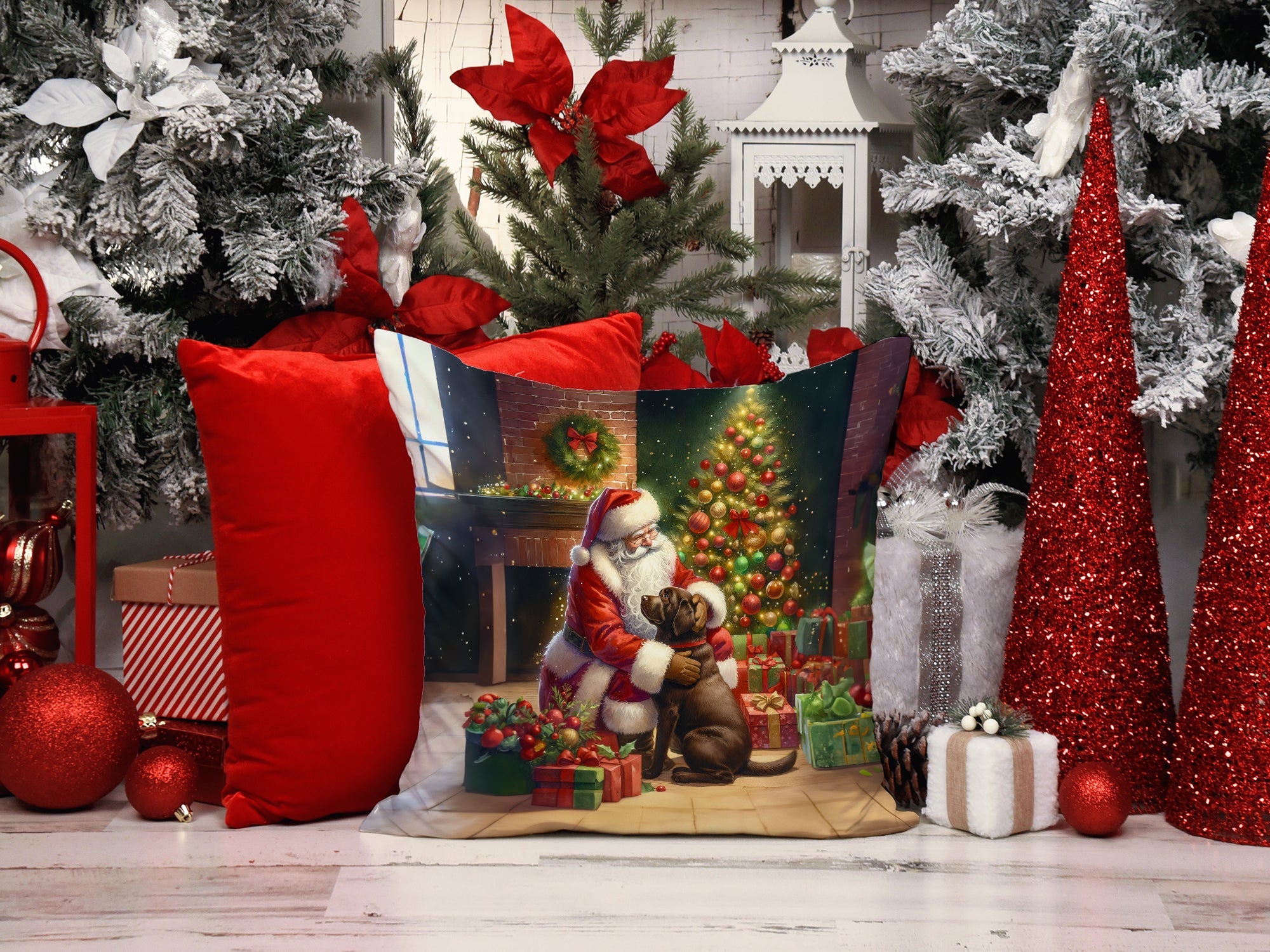 Labrador Retriever and Santa Claus Decorative Throw Pillow 14x14 Indoor Outdoor Accent Cushion, Fabric Cover with Insert for Sofa, Bed, Porch & Living Room
