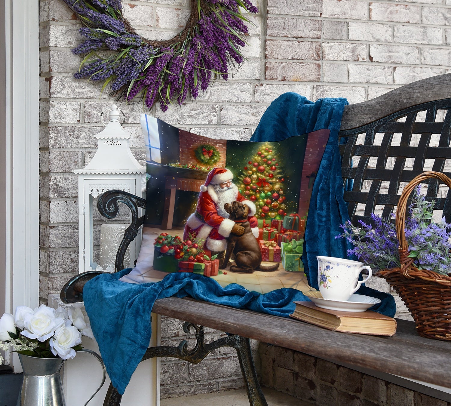 Labrador Retriever and Santa Claus Decorative Throw Pillow 18x18 Indoor Outdoor Accent Cushion, Fabric Cover with Insert for Sofa, Bed, Porch & Living Room