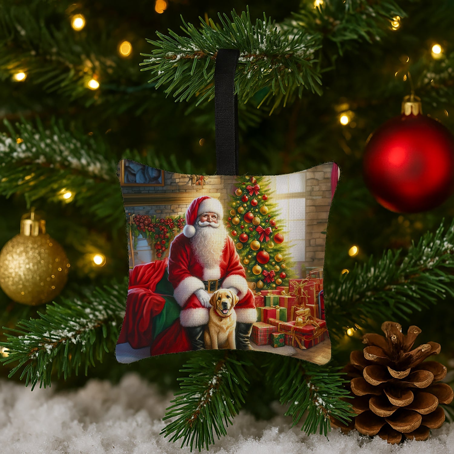Labrador Retriever and Santa Claus Hanging Square Fabric Ornament 3.5 × 3.5 Decorative Door-Knob & Tree Hanger, Soft Fabric
