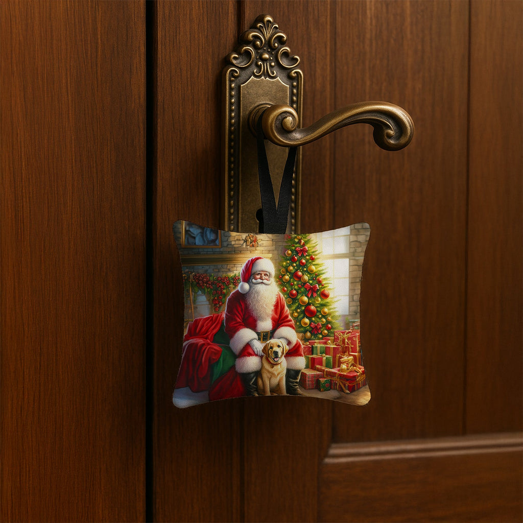 Labrador Retriever and Santa Claus Hanging Square Fabric Ornament 3.5 × 3.5 Decorative Door-Knob & Tree Hanger, Soft Fabric