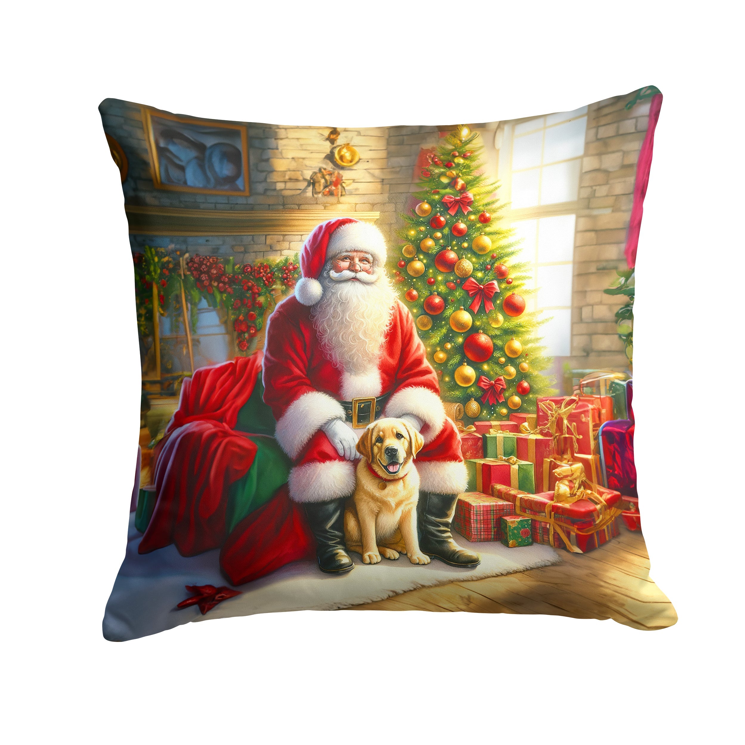 Labrador Retriever and Santa Claus Decorative Throw Pillow 14x14 Indoor Outdoor Accent Cushion, Fabric Cover with Insert for Sofa, Bed, Porch & Living Room