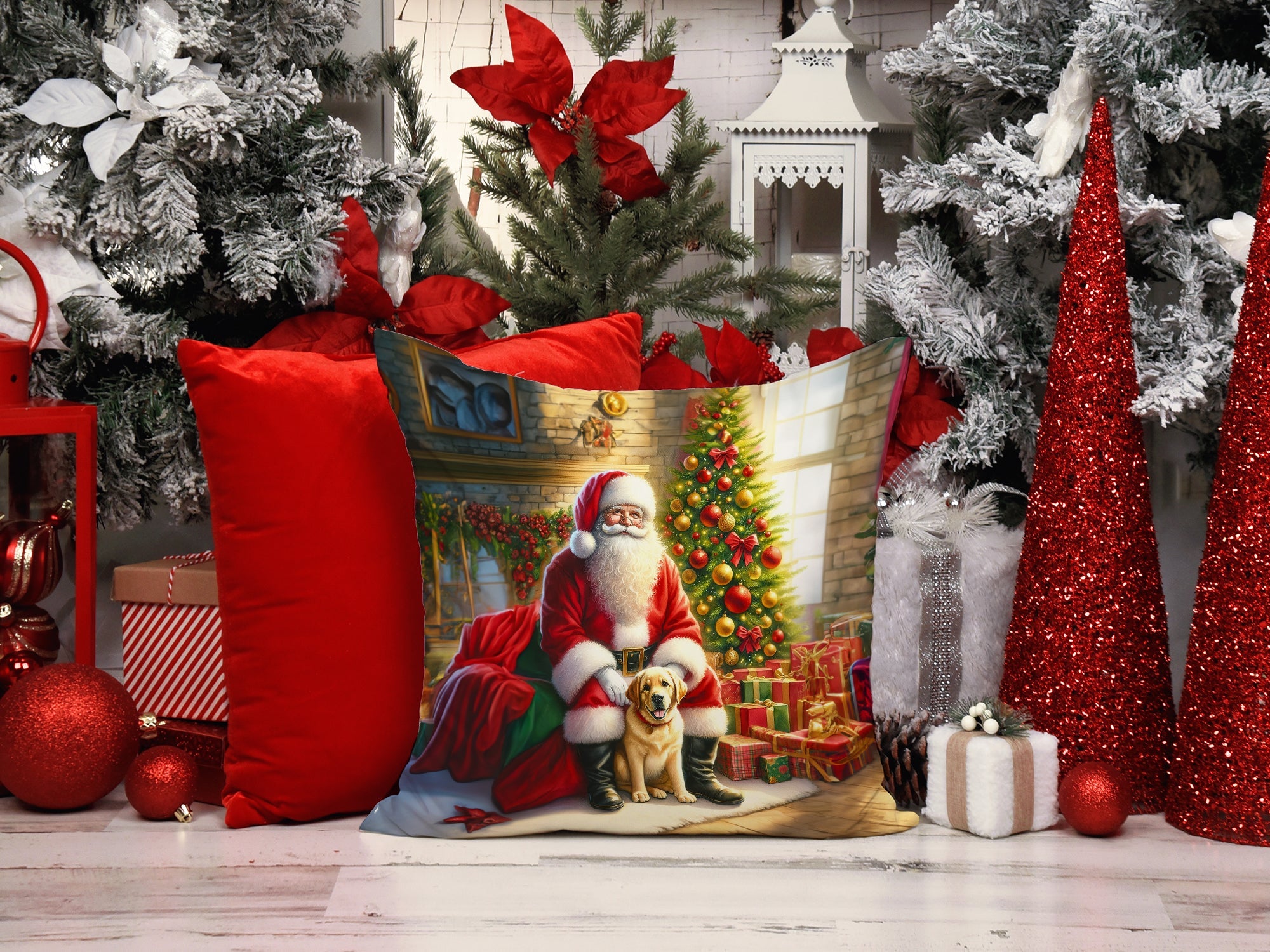 Labrador Retriever and Santa Claus Decorative Throw Pillow 14x14 Indoor Outdoor Accent Cushion, Fabric Cover with Insert for Sofa, Bed, Porch & Living Room