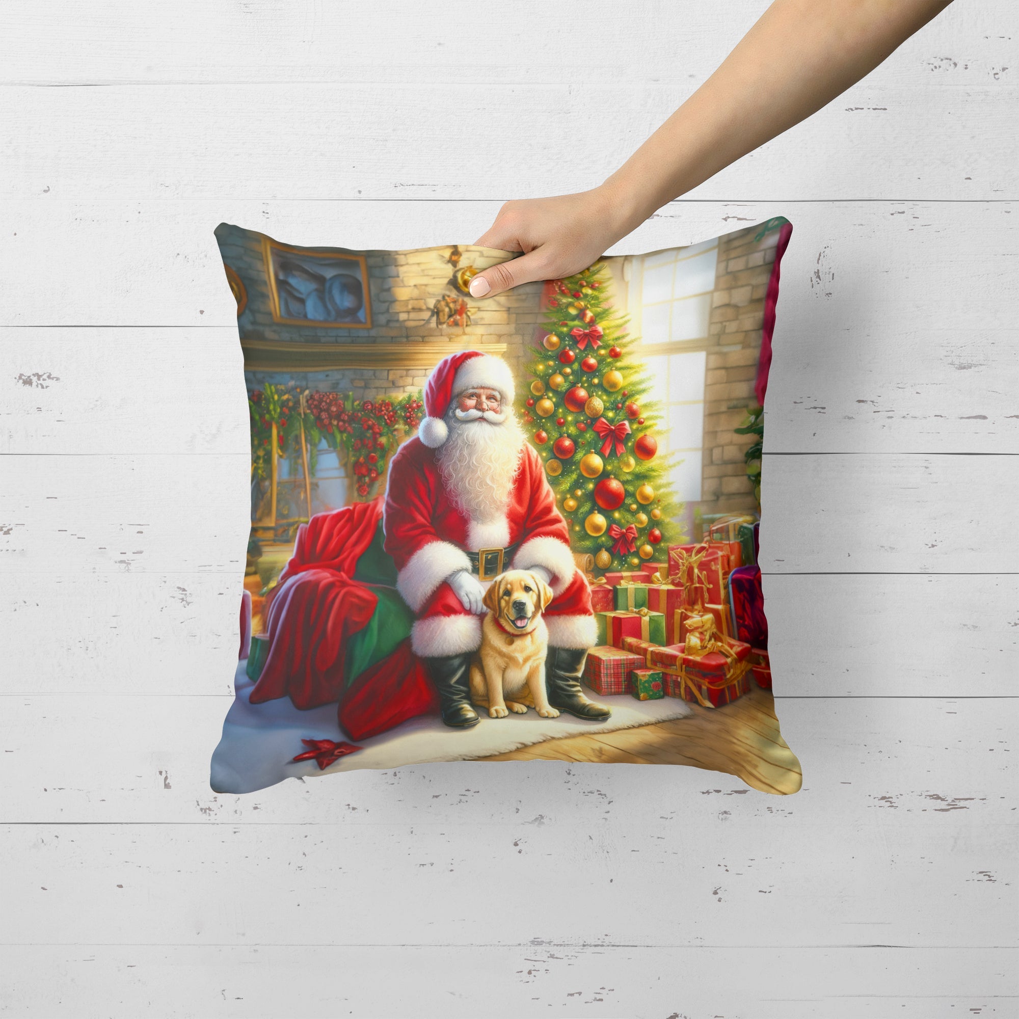 Labrador Retriever and Santa Claus Decorative Throw Pillow 18x18 Indoor Outdoor Accent Cushion, Fabric Cover with Insert for Sofa, Bed, Porch & Living Room