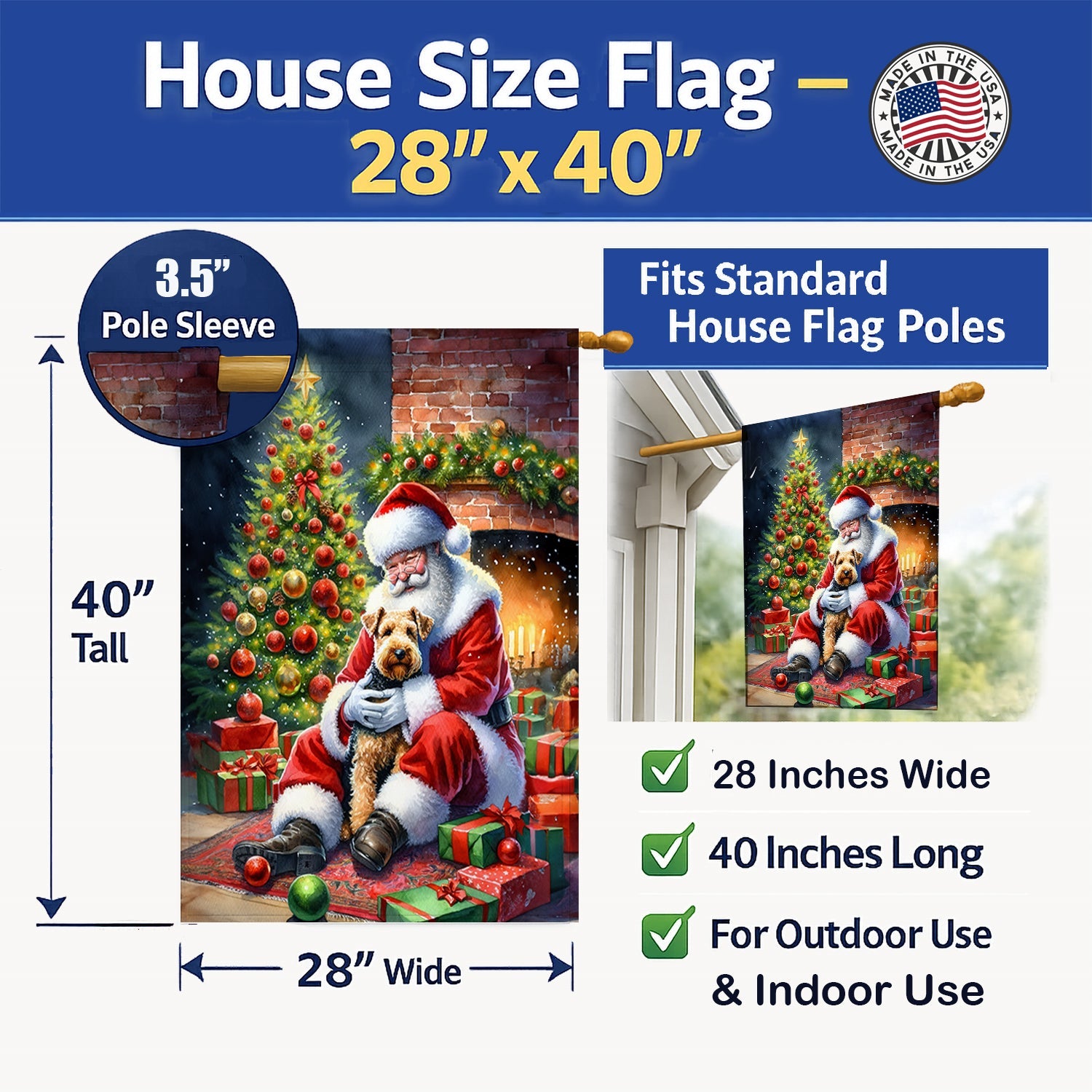 Lakeland Terrier and Santa Claus House Flag 28x40 Porch Sleeve Pole Decorative Outside Yard Banner Artwork Wall Hanging, Polyester