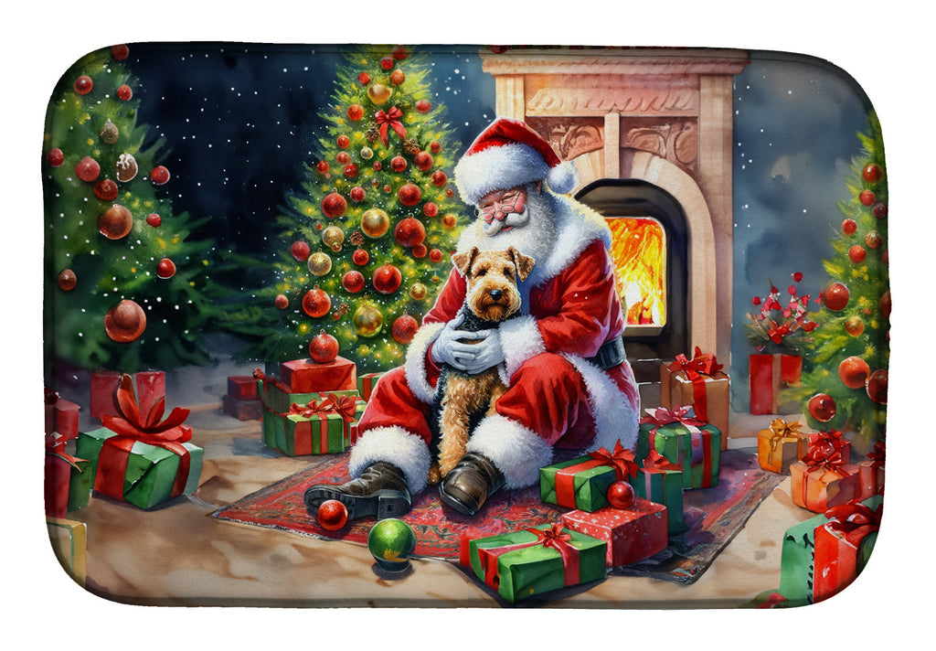 Lakeland Terrier and Santa Claus Dish Drying Mat Absorbent Dish Drying Mat Pad for Kitchen Counter Dish Drainer Mat for Countertop, 14 x 21", Multicolor