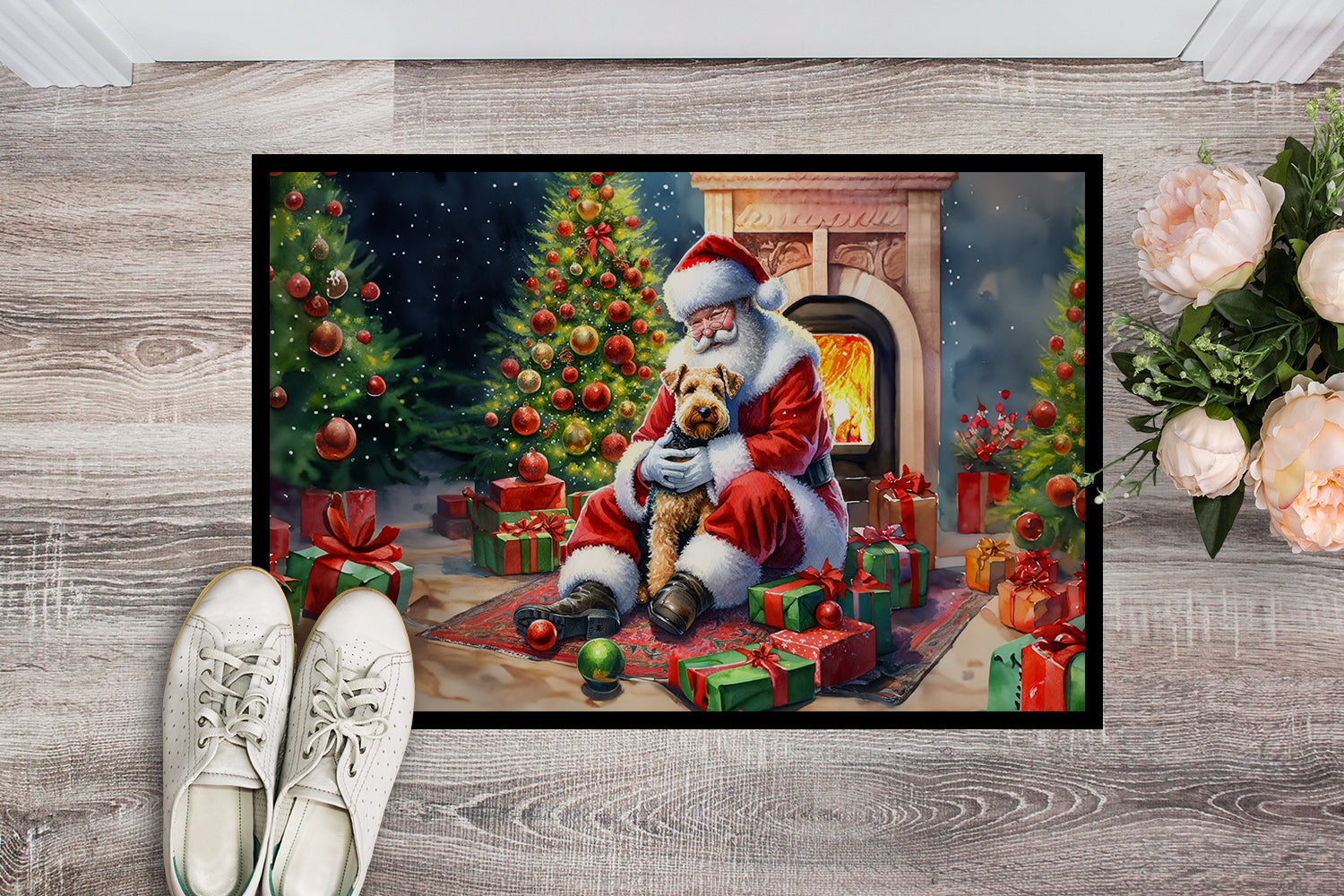 Lakeland Terrier and Santa Claus Doormat Indoor Outdoor 24H X 36W Front Door Mat Rugs for Entryway, Non Slip Washable Low Pile,