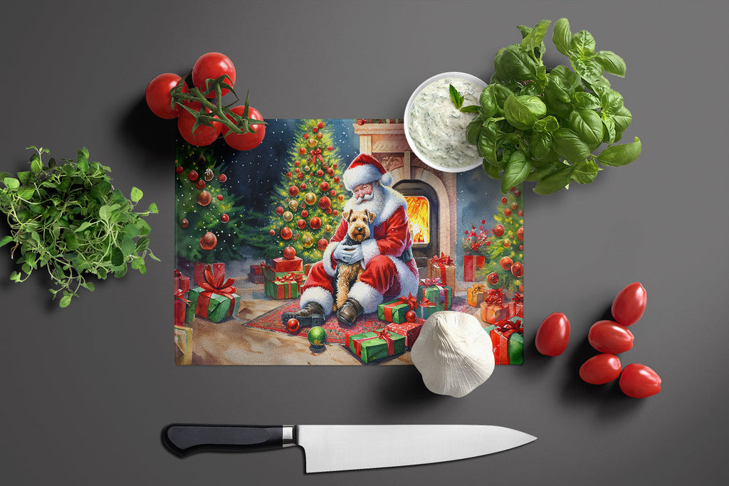 Lakeland Terrier and Santa Claus Cutting Board Tempered Glass Kitchen Cutting Surface, Heat Resistant Chopping, Non-Slip Feet, Food Prep & Serving