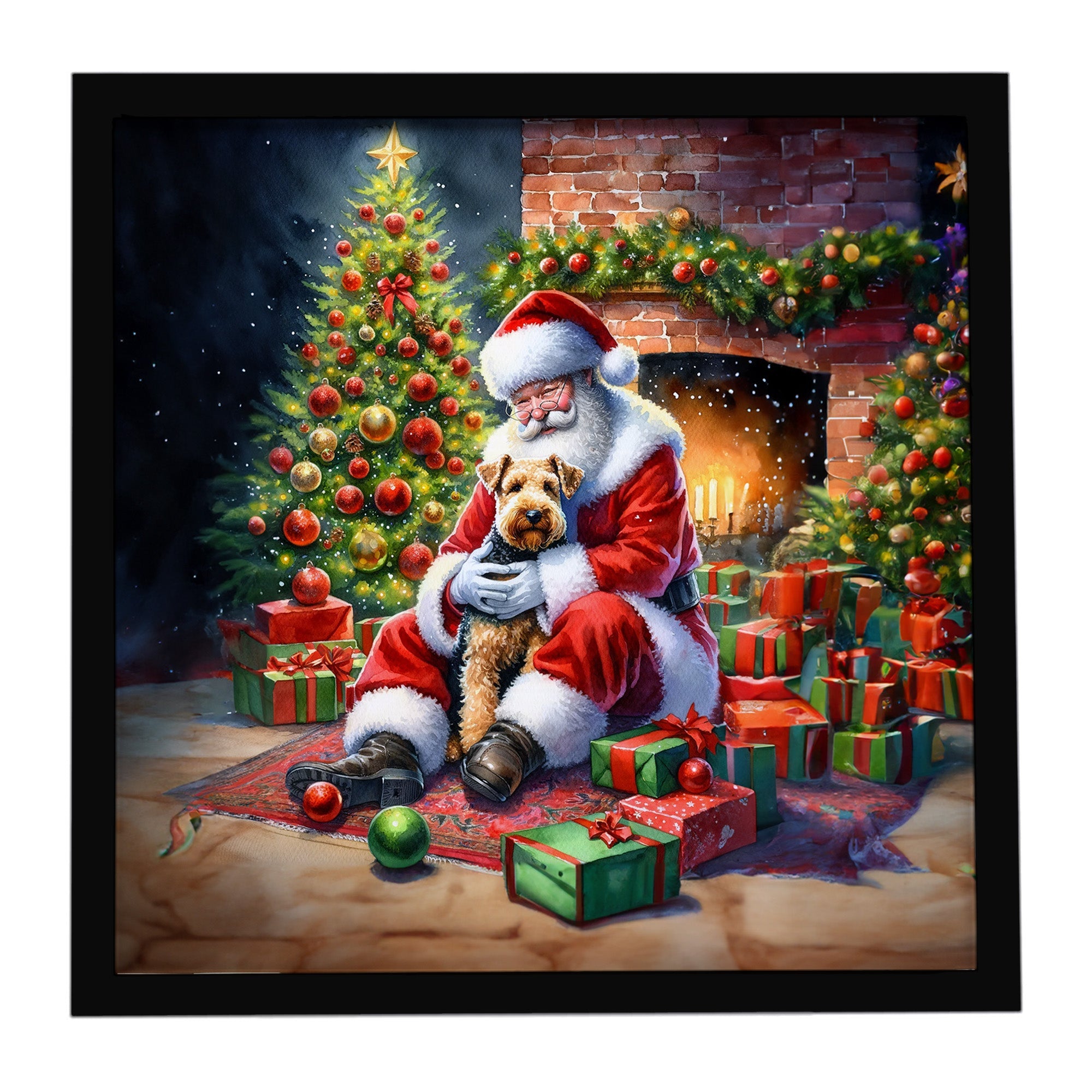 Lakeland Terrier and Santa Claus Framed Metal Print Bathroom, Kitchen, Office, Home Decor Wall Art Ready to Hang, Square, 8X8