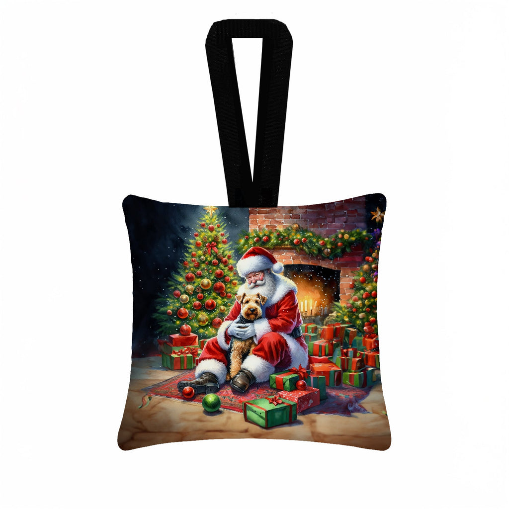 Lakeland Terrier and Santa Claus Hanging Square Fabric Ornament 3.5 × 3.5 Decorative Door-Knob & Tree Hanger, Soft Fabric
