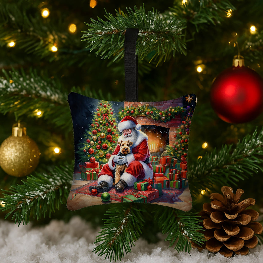 Lakeland Terrier and Santa Claus Hanging Square Fabric Ornament 3.5 × 3.5 Decorative Door-Knob & Tree Hanger, Soft Fabric
