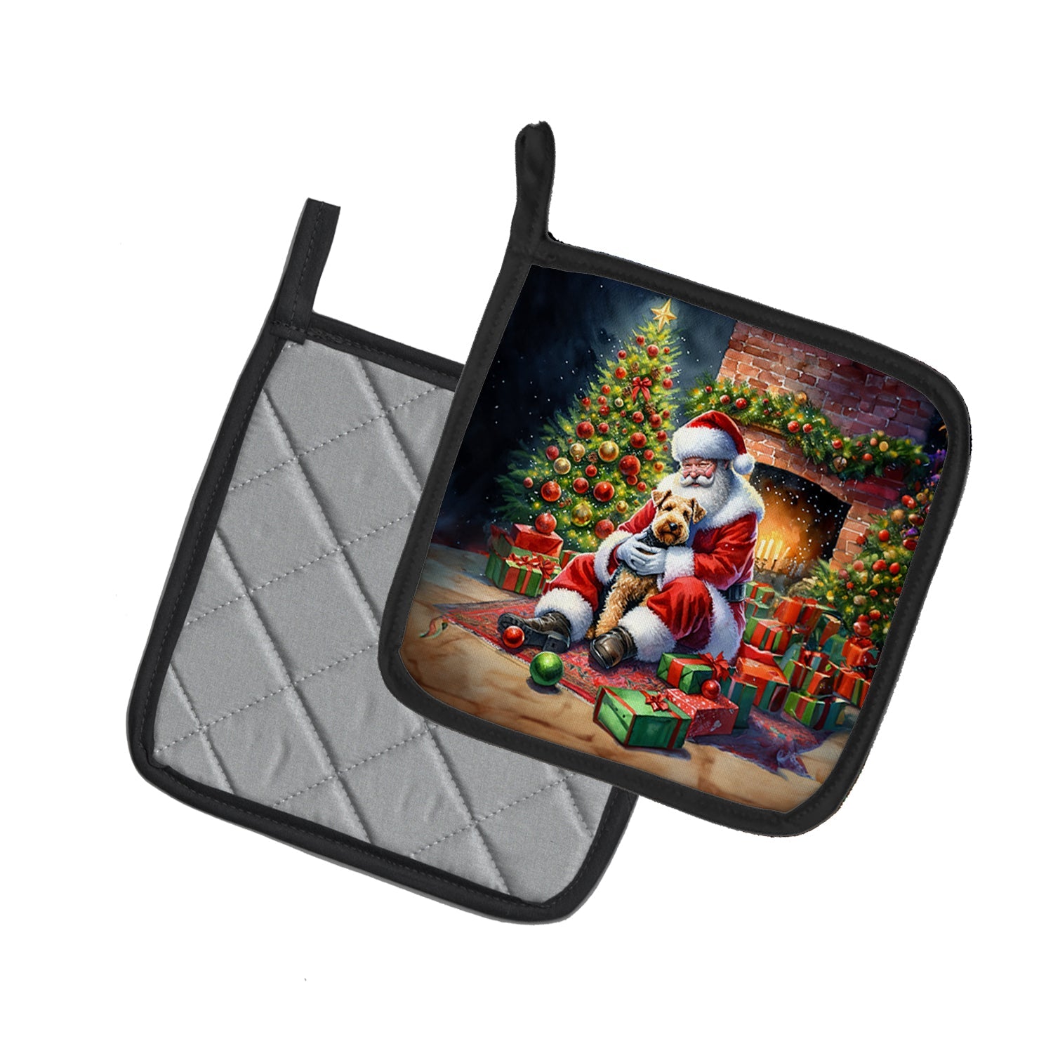 Lakeland Terrier and Santa Claus Pot Holder Set of 2 Heat Resistant Quilted Hot Pads 7.5 x 7.5 Inch, Insulated Kitchen Trivets for Cooking & Baking