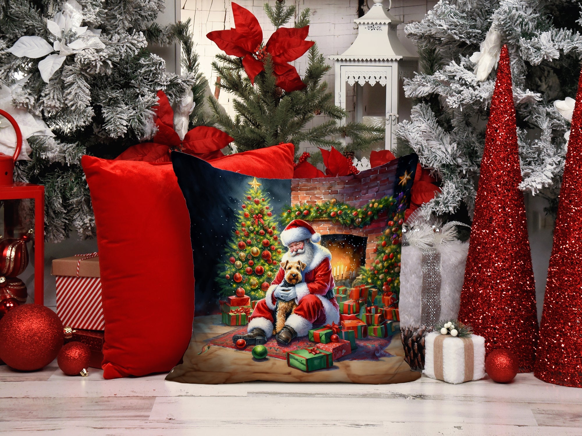 Lakeland Terrier and Santa Claus Decorative Throw Pillow 14x14 Indoor Outdoor Accent Cushion, Fabric Cover with Insert for Sofa, Bed, Porch & Living Room