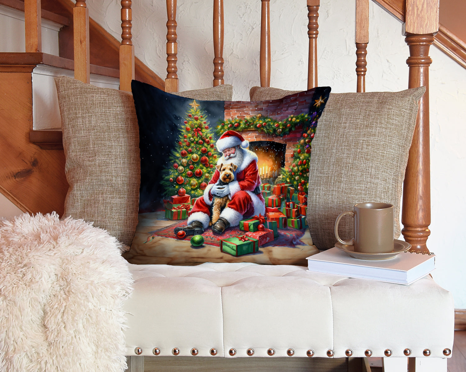 Lakeland Terrier and Santa Claus Decorative Throw Pillow 14x14 Indoor Outdoor Accent Cushion, Fabric Cover with Insert for Sofa, Bed, Porch & Living Room