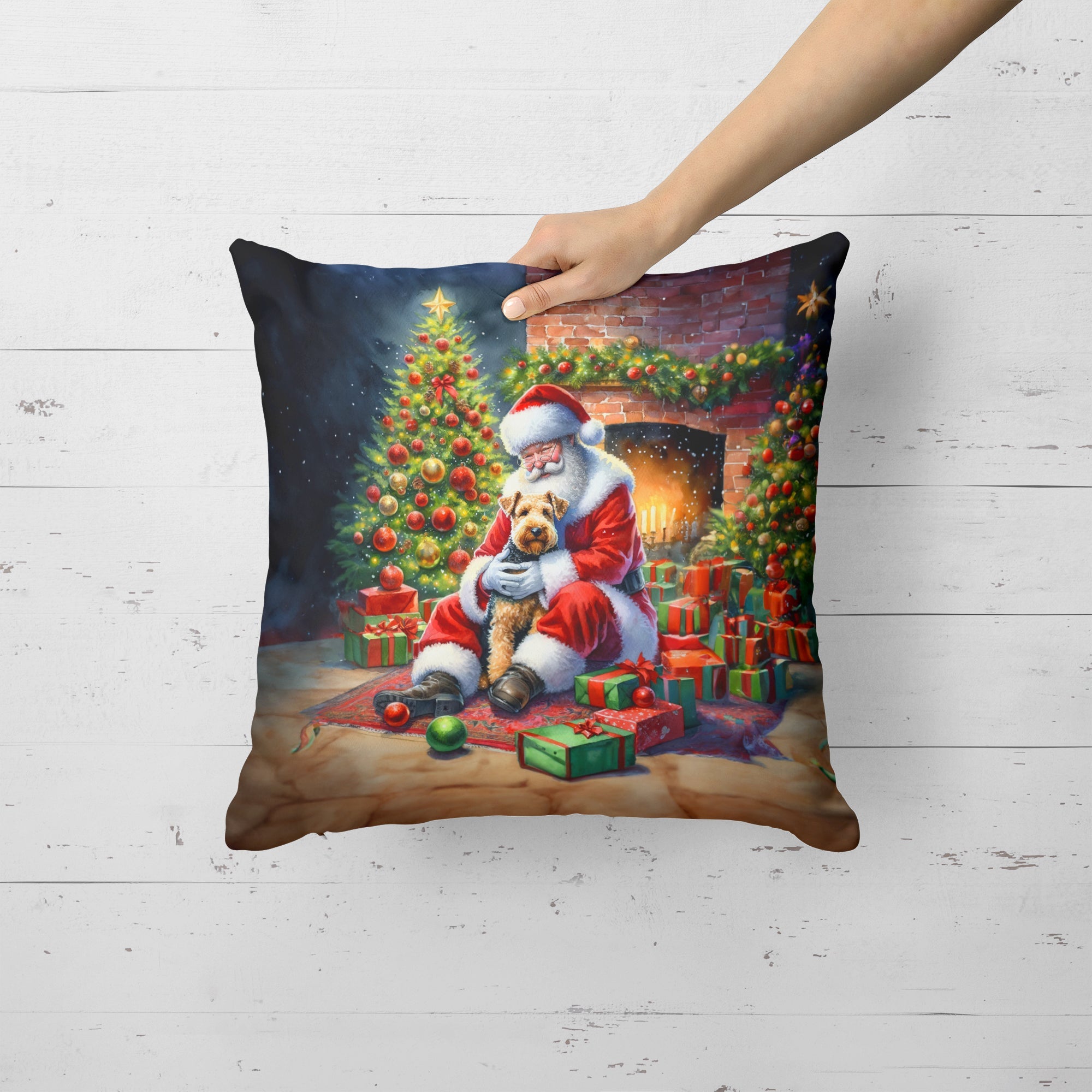 Lakeland Terrier and Santa Claus Decorative Throw Pillow 18x18 Indoor Outdoor Accent Cushion, Fabric Cover with Insert for Sofa, Bed, Porch & Living Room