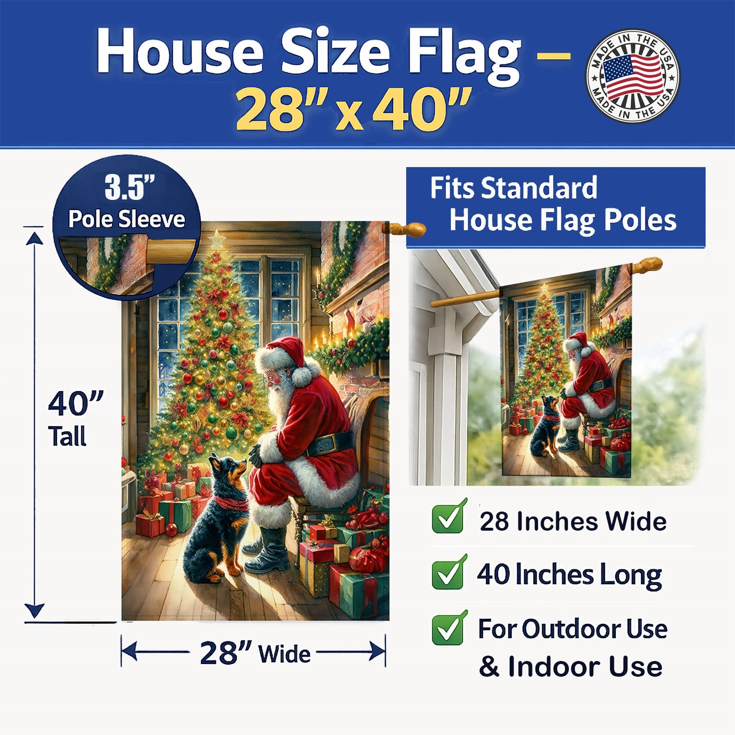 Lancashire Heeler and Santa Claus House Flag 28x40 Porch Sleeve Pole Decorative Outside Yard Banner Artwork Wall Hanging, Polyester