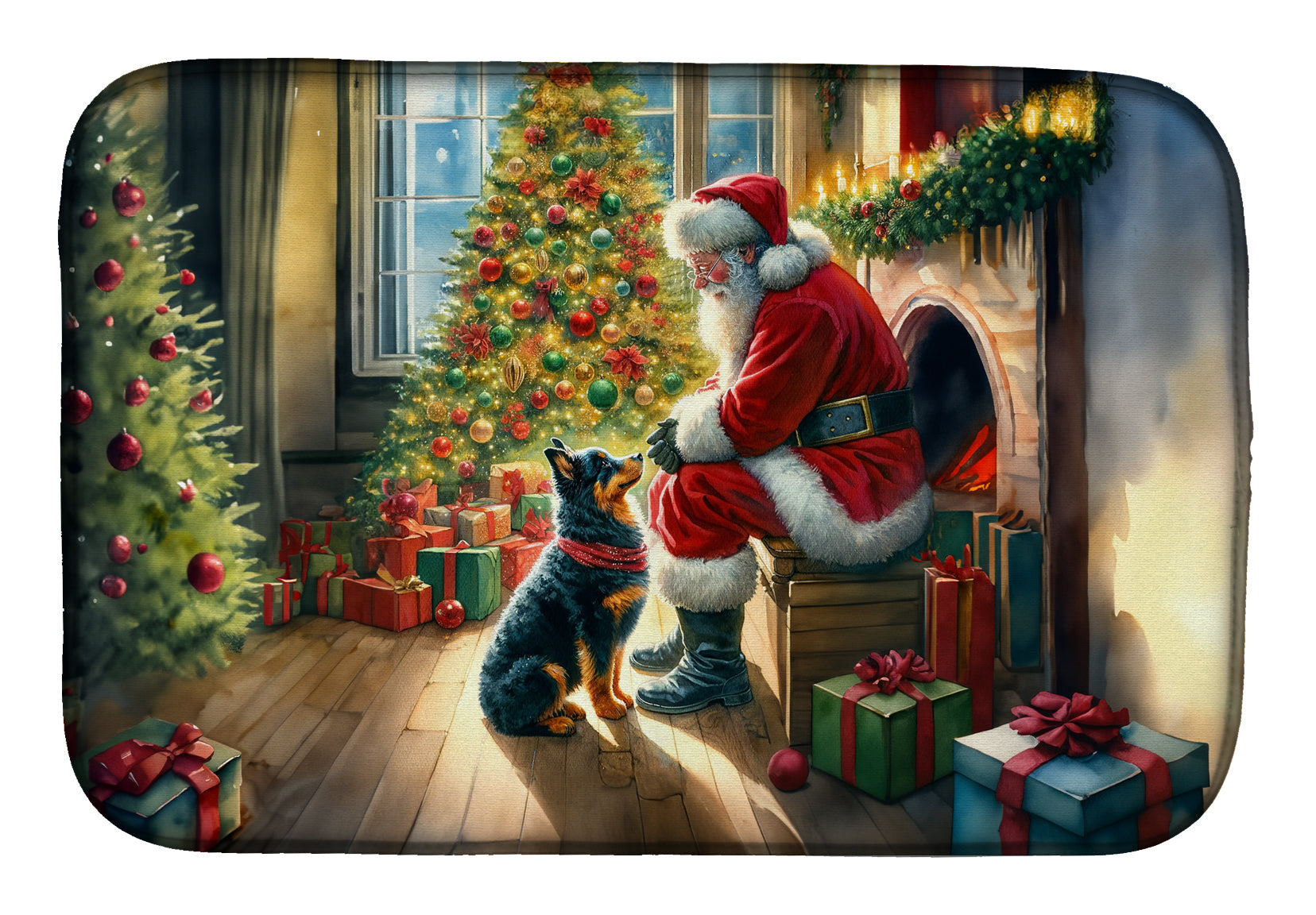 Lancashire Heeler and Santa Claus Dish Drying Mat Absorbent Dish Drying Mat Pad for Kitchen Counter Dish Drainer Mat for Countertop, 14 x 21", Multicolor