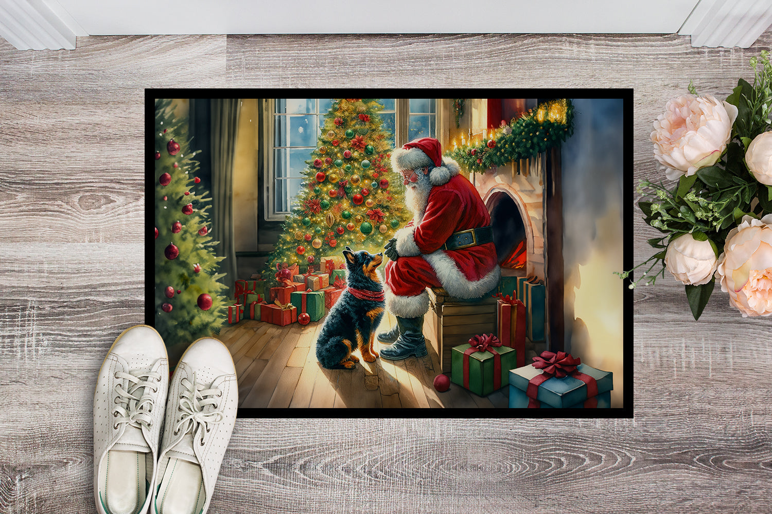 Lancashire Heeler and Santa Claus Doormat Indoor Outdoor 24H X 36W Front Door Mat Rugs for Entryway, Non Slip Washable Low Pile,