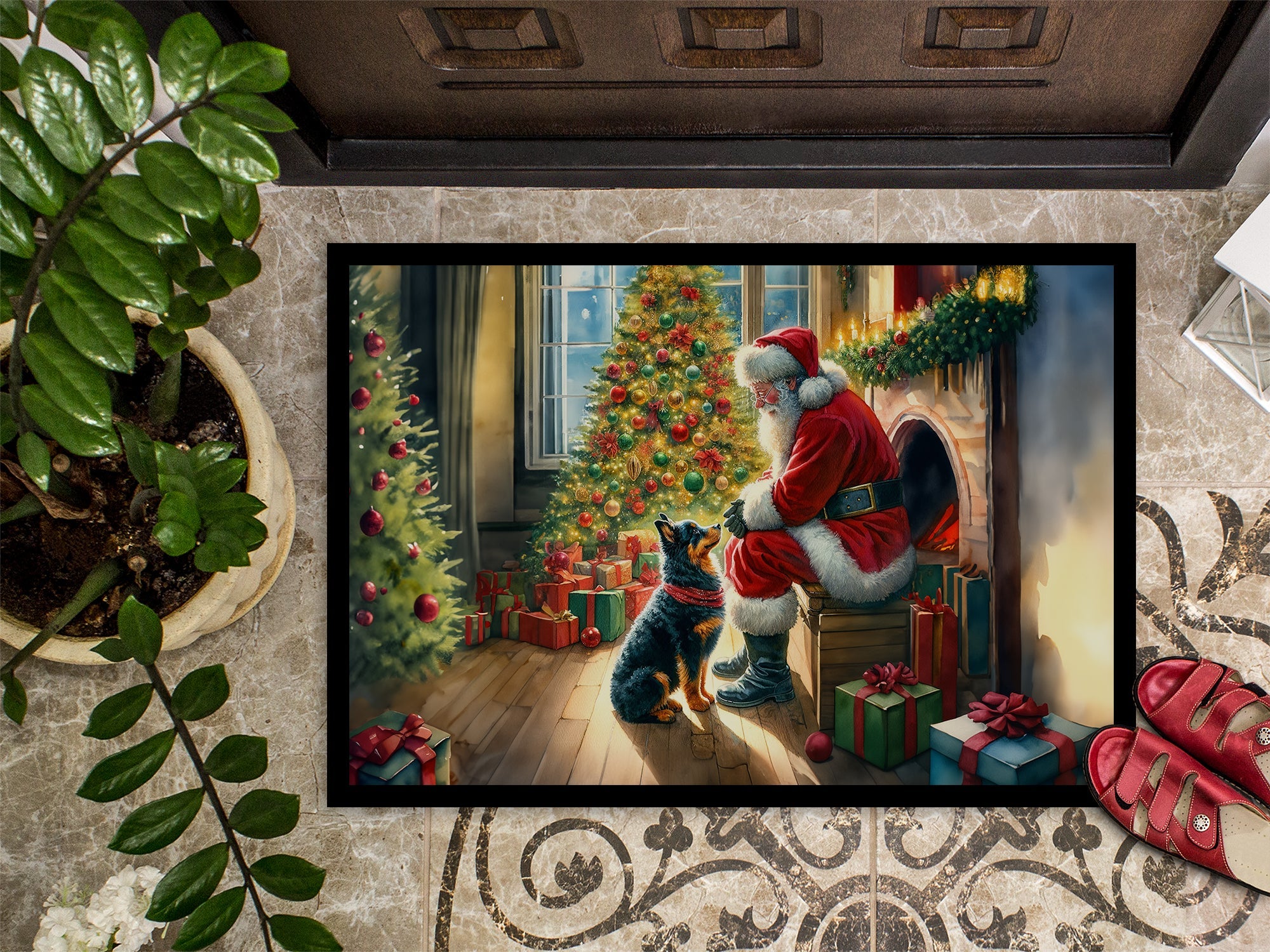Lancashire Heeler and Santa Claus Doormat Indoor Outdoor 24H X 36W Front Door Mat Rugs for Entryway, Non Slip Washable Low Pile,