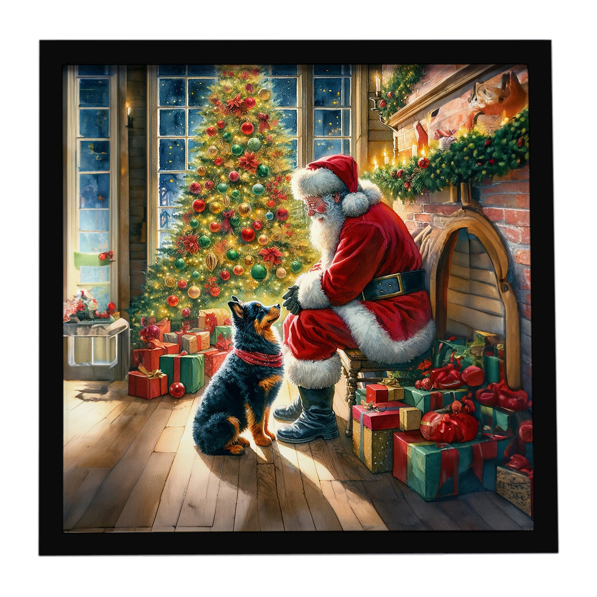 Lancashire Heeler and Santa Claus Framed Metal Print Bathroom, Kitchen, Office, Home Decor Wall Art Ready to Hang, Square, 8X8