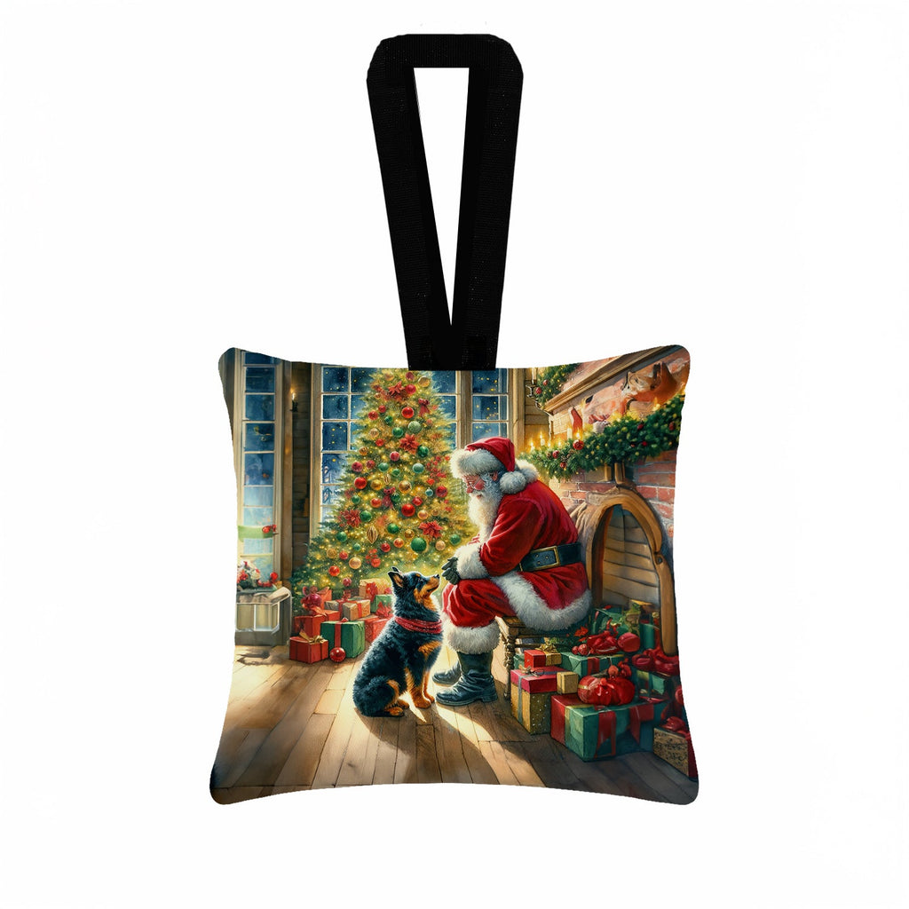 Lancashire Heeler and Santa Claus Hanging Square Fabric Ornament 3.5 × 3.5 Decorative Door-Knob & Tree Hanger, Soft Fabric