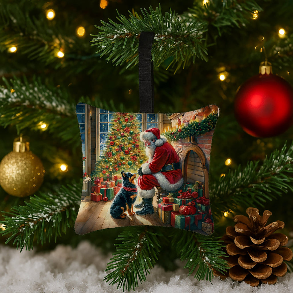 Lancashire Heeler and Santa Claus Hanging Square Fabric Ornament 3.5 × 3.5 Decorative Door-Knob & Tree Hanger, Soft Fabric