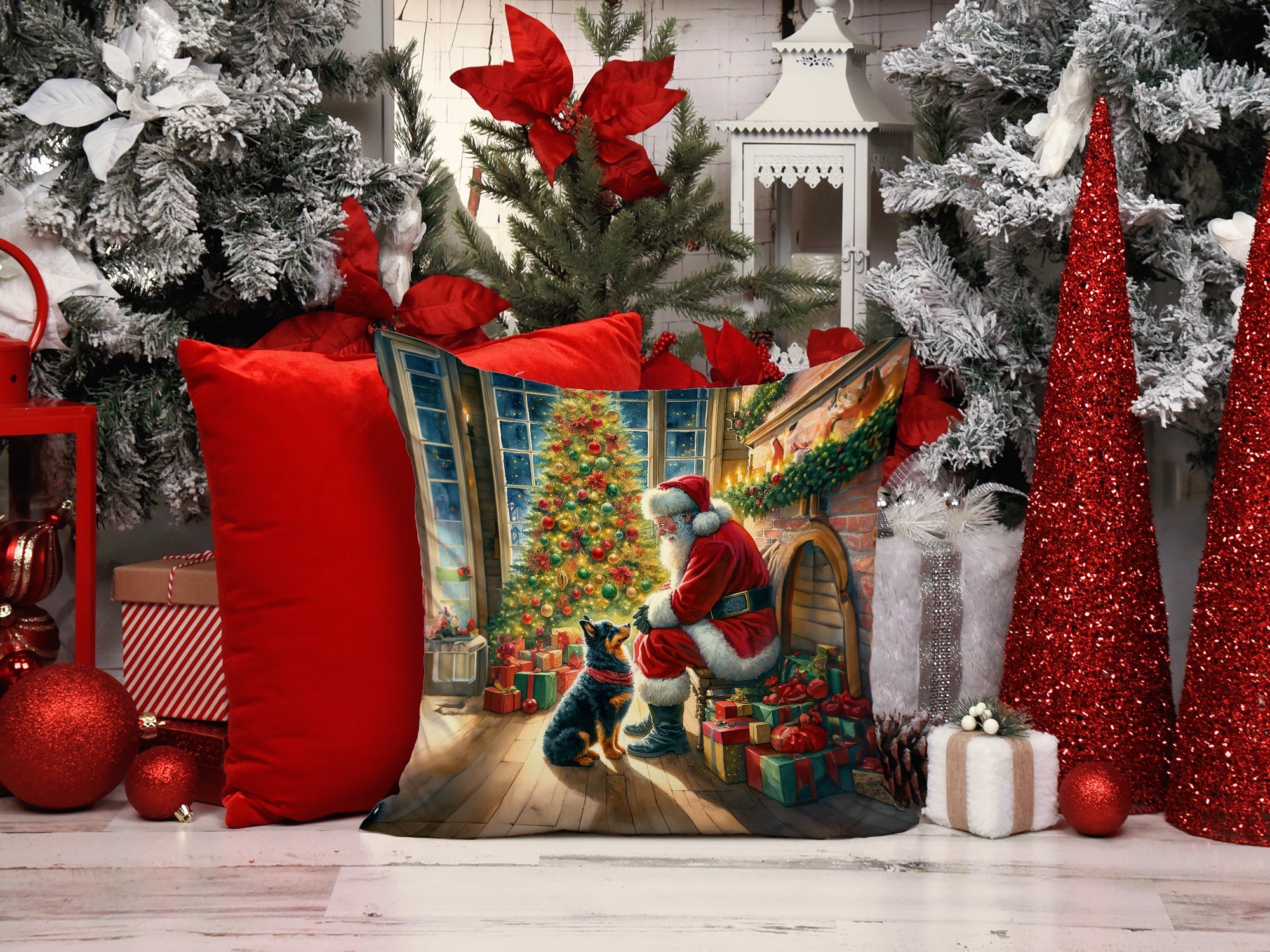 Lancashire Heeler and Santa Claus Decorative Throw Pillow 14x14 Indoor Outdoor Accent Cushion, Fabric Cover with Insert for Sofa, Bed, Porch & Living Room