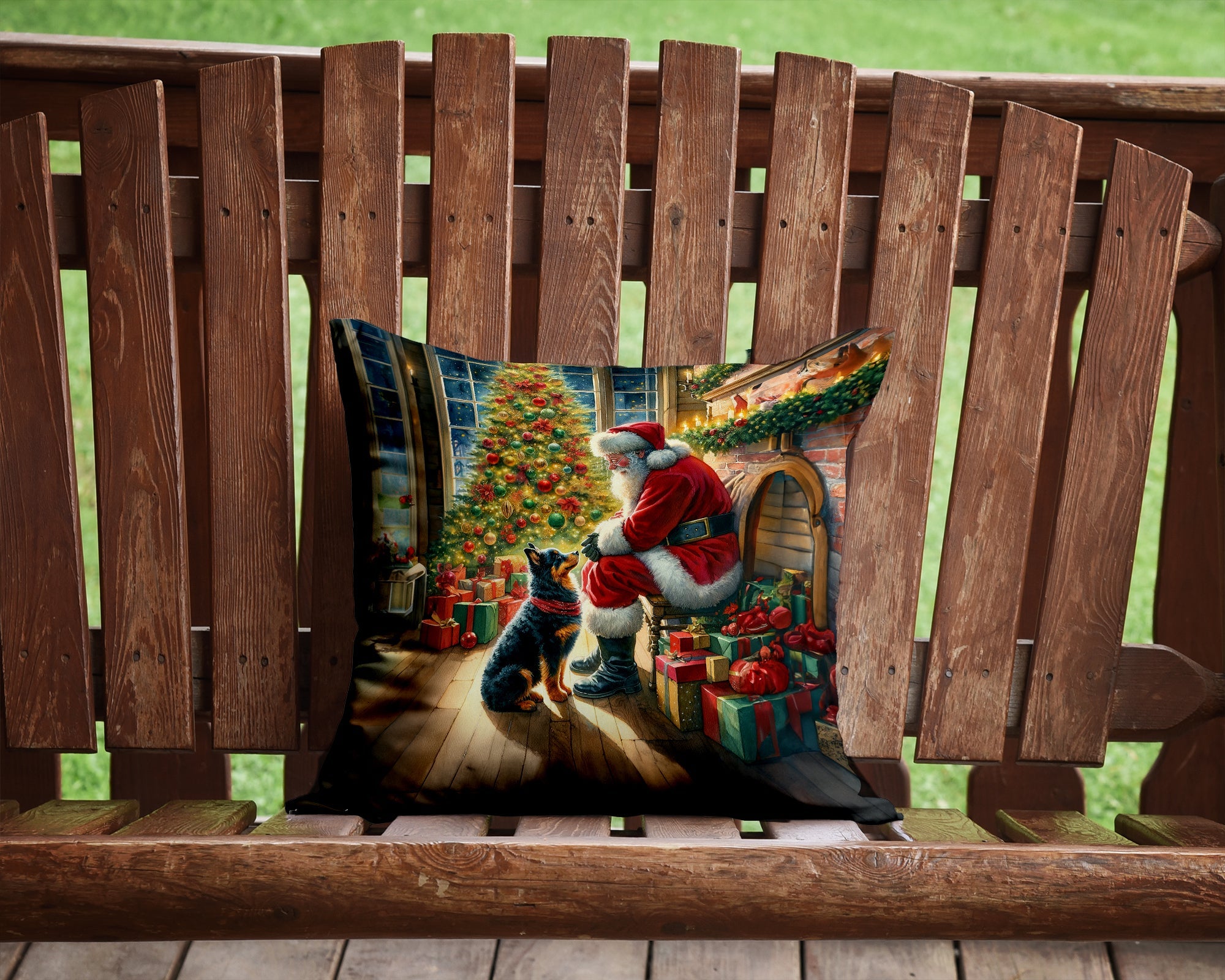 Lancashire Heeler and Santa Claus Decorative Throw Pillow 14x14 Indoor Outdoor Accent Cushion, Fabric Cover with Insert for Sofa, Bed, Porch & Living Room